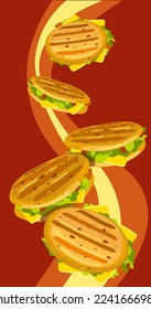 Illustration of Cuban arepas buns with filling on an abstract background. Latin American cuisine. Local hamburger, pastries. Vector for use in marketing. Banner, leaflet and other information