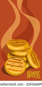 Illustration of Cuban arepas buns on an abstract background in the form of smoke. Latin American cuisine. Local hamburger, pastries. Vector for use in marketing, banner, leaflet and other information