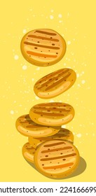 Illustration of Cuban arepas buns on a yellow background. Latin American cuisine. Local hamburger, pastries. Vector for use in restaurant menu, marketing, banner, leaflet and other printed information