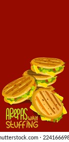 Illustration of Cuban arepas buns stuffed with inscriptions. Latin American cuisine. Local hamburger, pastries. Vector for use in marketing. Banner, leaflet and other information