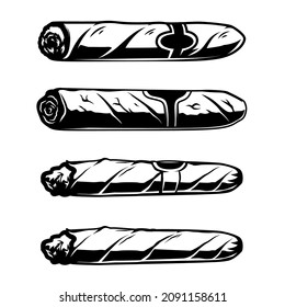 Ilustración del cigarro cubano al estilo monocromo. Elemento de diseño para logotipo, emblema, cartel, afiche, camiseta. Ilustración del vector