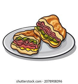 Illustration of the cuban sandwiches with ham, cheese and cucumbers