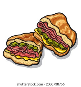 Illustration of the cuban sandwiches with ham, cheese and cucumbers