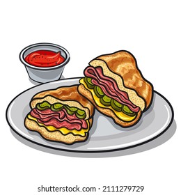 Illustration of the cuban sandwiches with ham, cheese and sauce