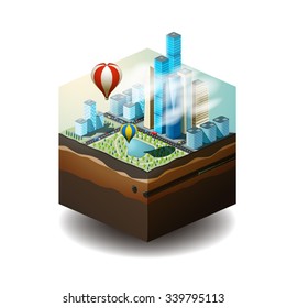 Illustration of the cube. The city with skyscrapers, cars, roads, air balloons, park and subway.