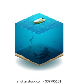 Illustration of the cube. Diver swims in the ocean with a shark