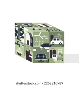 Illustration of a cube with non polluting eco friendly energy sources