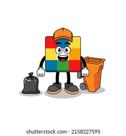 Illustration of cube puzzle cartoon as a garbage collector , character design
