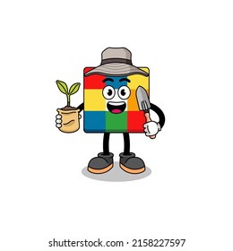 Illustration of cube puzzle cartoon holding a plant seed , character design