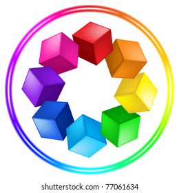 Illustration of cubes and ring of the different color on white