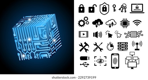 Illustration of cube-shaped microprocessor with a collection of computer technology and artificial intelligence icons: cloud, security, network, tool, key, lock, wi-fi, etc.