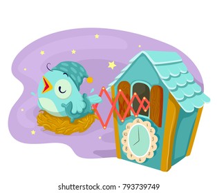 Illustration of Cuckoo Clock Chirping During Bed Time with the Bird Wearing Night Cap and Holding a Pillow