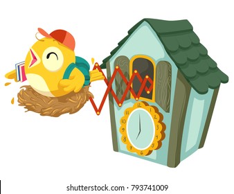 Illustration of Cuckoo Clock with a Student Bird with Books and Bag Ready for School