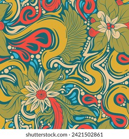 illustration of a cultural batik pattern of flower and leaf motifs with thick seamless lines