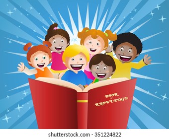 illustration of  cultural children reading big book in front of glowing back ground