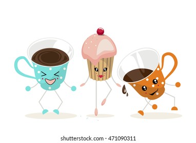 The illustration.One cup of blue color with white polka dots, cupcake with pink cream and one cup of orange color with white polka dots dance and laugh.