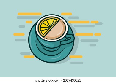 Illustration of a cup of cappuccino coffee and extra orange slices on it on a light blue background