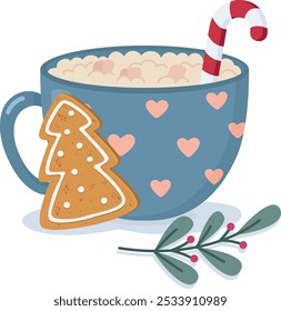 Illustration of a cup of cocoa or coffee and ginger cookies. Hand drawn Christmas composition