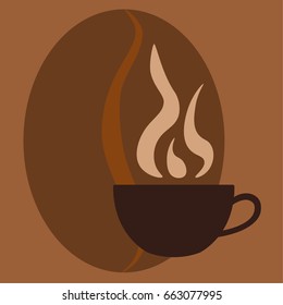 Illustration of a cup of coffee with a coffee bean (horizontal position) on the background in light pink and creamy, ivory tones. For posters, postcards, etc.