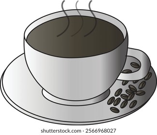 the illustration of a cup of coffee with coffee bean placed beside the cup.