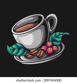 Illustration of a cup of coffee with coffee beans