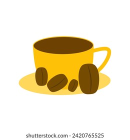 illustration of a cup of coffee and coffee beans on a white background