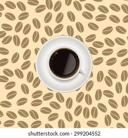 Illustration of a cup of coffee and beans on a beautiful background