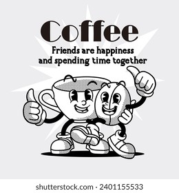 illustration of cup and coffee beans in retro comic style