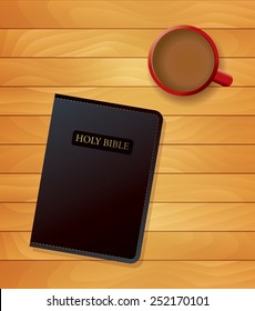 An illustration of a cup of coffee and a bible sitting on wood. Religious devotional concept. Vector EPS 10.