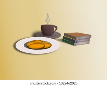 An illustration of a cup of coffee, biscuits and books in vector image