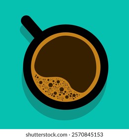 Illustration of a cup of coffee in a black mug. A hot beverage drink has a dark colored and bitter taste from roasted and ground coffee beans.