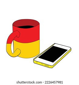 illustration a cup of coffee with a cell phone beside it