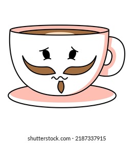 Illustration of a cup of coffee with eyes, mustache and expression