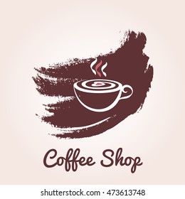 Illustration of cup of coffee with foam in the form of heart in grunge style. 