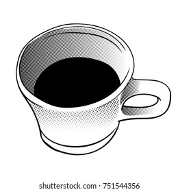 Illustration Cup of Coffee in Halftone style, isolated on white background. Black and White simple line Vector Illustration for Coloring Book - Line Drawn Vector Illustration.