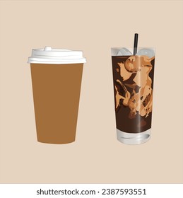 Illustration of a cup of coffee and iced coffee