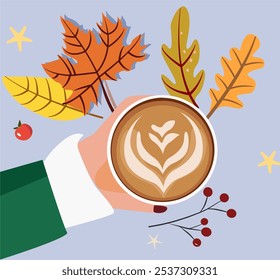 Illustration of a cup of coffee with a latte in hand, on a blue background surrounded by autumn leaves and apples. Autumn mood, comfort and warm colors.