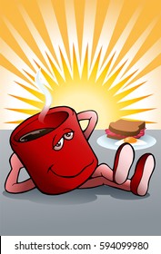 illustration of a cup of coffee relaxing on breakfast background