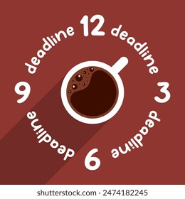 Illustration of a cup of coffee showing the time with deadline text.