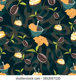Illustration with cup of coffee and sweets on the teal background