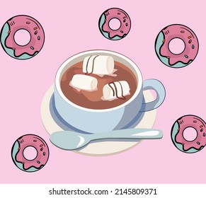 illustration of a cup of coffee, tea, on a pink isolated background, with a donut pattern. Blue cup with a spoon and a plate of hot chocolate with marshmallow. Suitable for a poster in a cafe