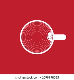 Illustration cup of coffee from the top. Isolated white on red vector. Design print for advertising. Set 1