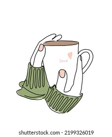 Illustration of a cup of coffee in women's hands. Simple hand-drawn illustration in line art style. Single line drawing

