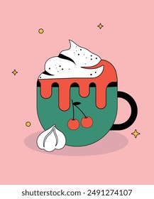 Illustration with Cup Drink at Vanilla Cream and Cherry Syrup