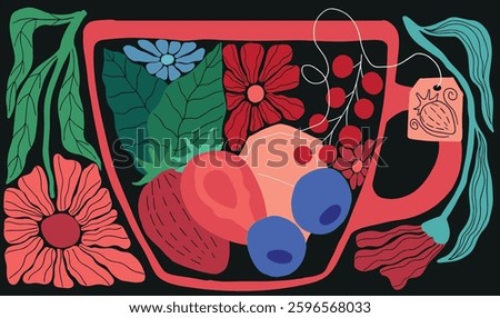 illustration of a cup of fruit tea with strawberries and flowers, mid-century modern style	