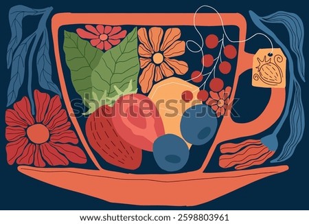 illustration of a cup of fruit tea with strawberries and flowers, mid-century modern style	