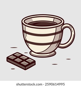 Illustration of a cup of hot coffee in a beige striped ceramic mug standing on a light coloured background. Next to it lies a bar of chocolate in a minimalistic and drawn style with brown outlines.