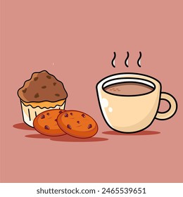 illustration of a cup of hot coffee and cake