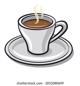 Illustration of the cup of hot coffee cup on saucer on the white background