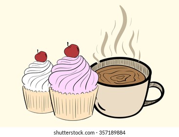 Illustration with a cup of hot coffee and two cakes